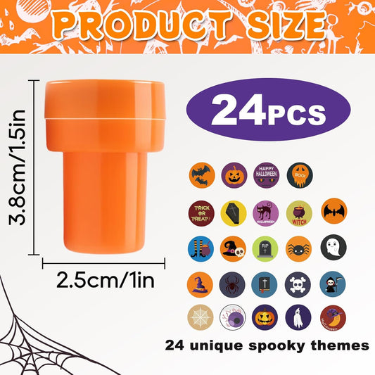 24-Pack Halloween Self-Inking Stamps, Spooky Themes with Ghosts, Bats, Witches, etc, 24 Assorted Designs for Party Favors, Game Prizes, and Trick-or-Treat, Goodies Bag Fillers, Kids Festive Toy Stamps