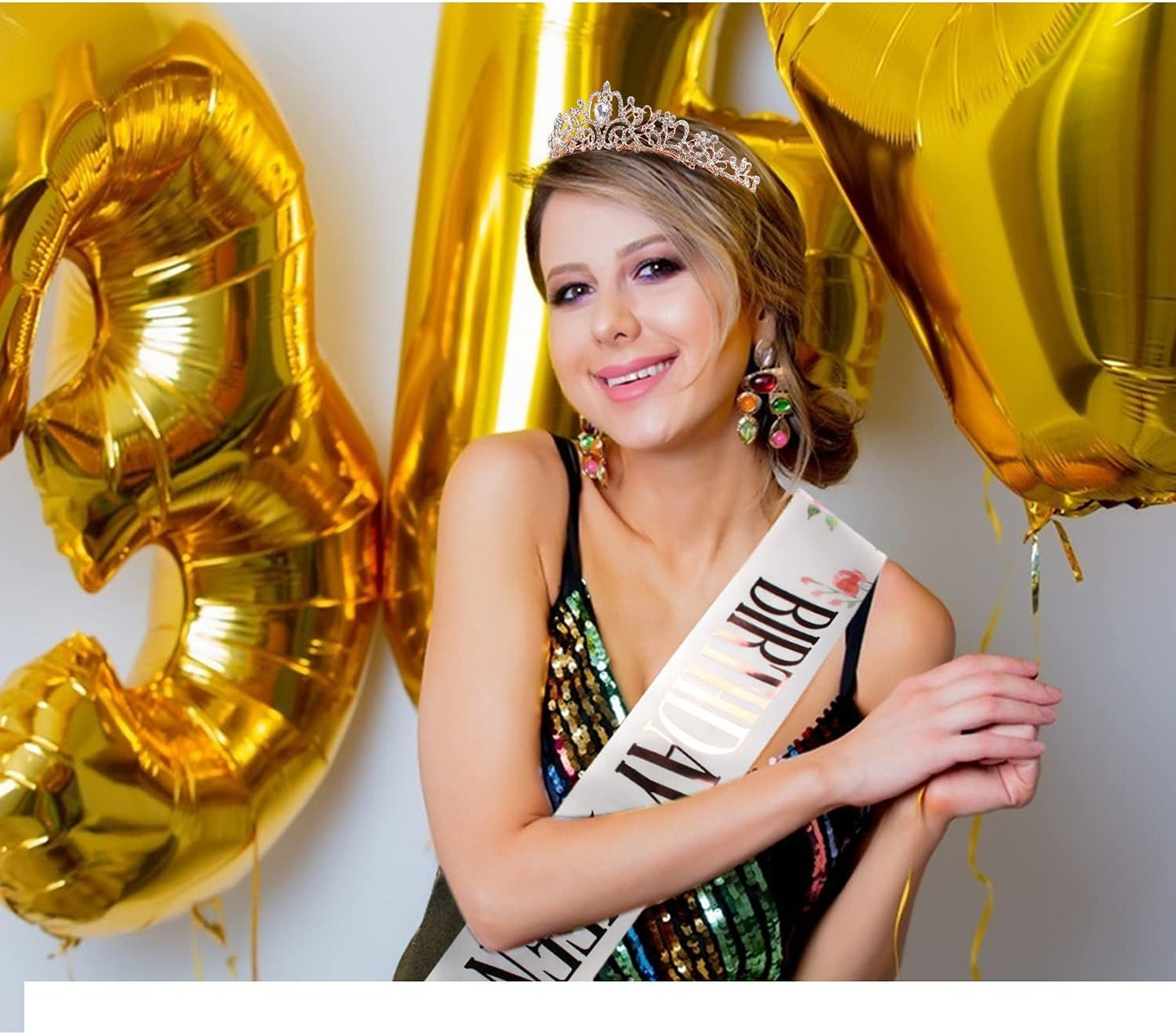 COCIDE Birthday Queen Sash & Rhinestone Tiara Set Gold Happy Birthday Crowns for Women Party Decoration Kit Rhinestone Headband for Women Glitter Crystal Hair Accessories for Cake Topper