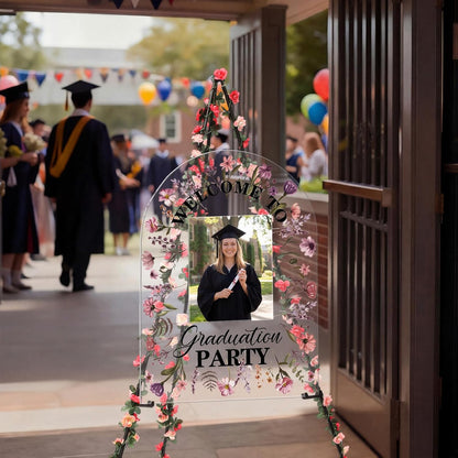 Yousoontic 3 Pcs Graduation Party Welcome Sign with Photo Set 18x24" Acrylic Wildflower 2026 Yard Sign with Easel Stand 24.6ft Flower Garland Grad Senior High School College Decor for Graduation Party