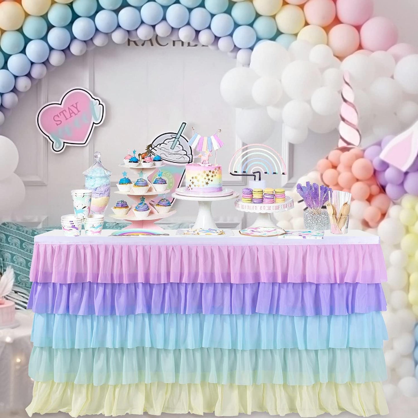 Pastel Rainbow Table Skirt Ruffle Party Tablecloth for Rectangle Table 6ft Birthday Party Baby Shower