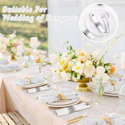 Supernal 240 Silver Plastic Silverware Set - 60 Sets Pre Rolled Napkins with Cutlery - Mirror Polished Real Look Disposable Silver Utensils- Elegant Heavy Duty Flatware for Weddings & Catering