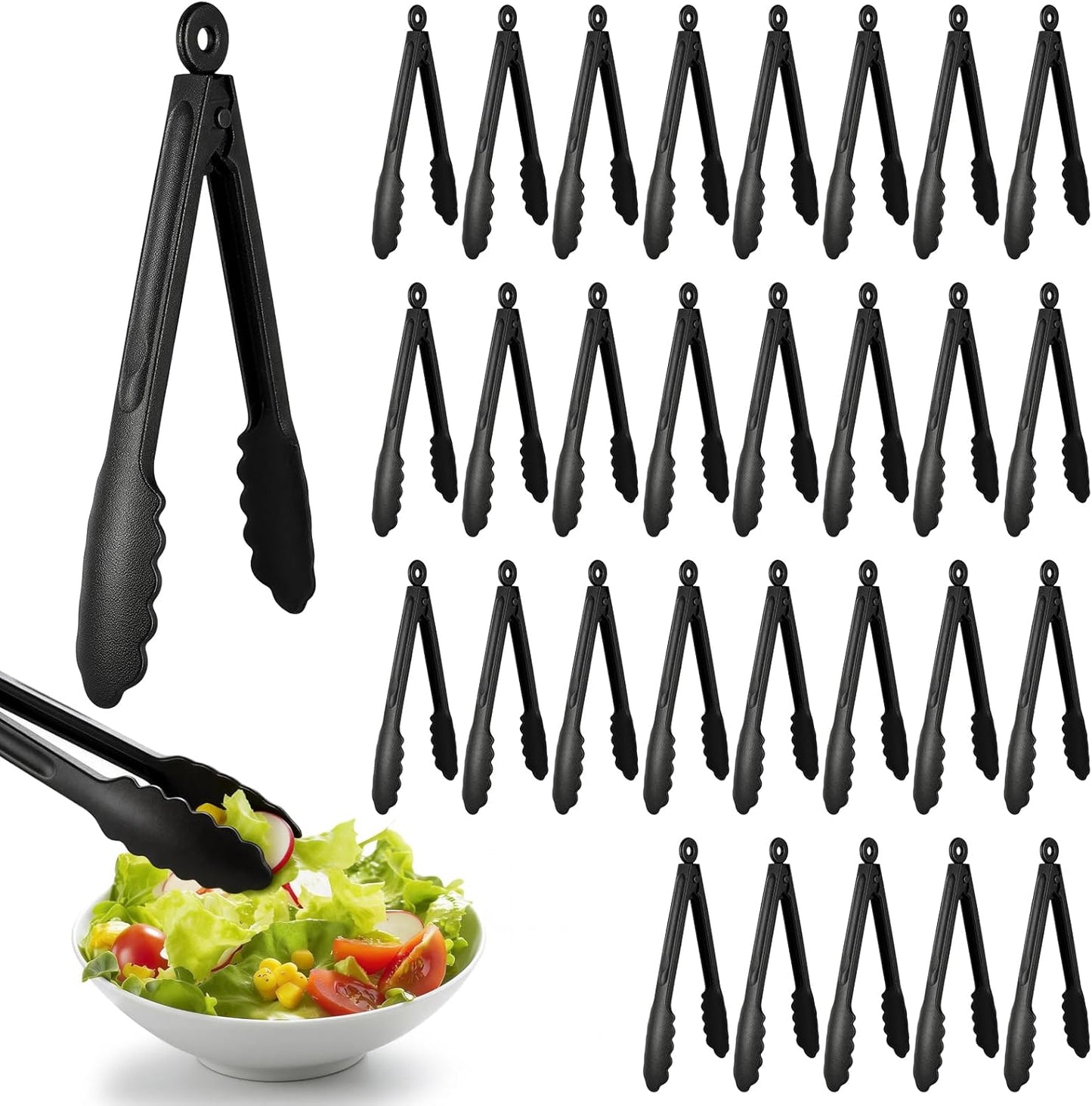 30Pc Plastic Serving Tongs, 11-Inch Heavy Duty Locking Reusable or Disposable Salad Tongs with Secure Push & Pull Lock, Hanging Hole Serving Utensils Set for Buffets, Appetizer, BBQ, Catering, Parties