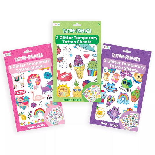 Ooly 50 Glitter Temporary Tattoos For Kids, Safe & Non-Toxic Temporary Tattoo, Party Favors Gifts for Kids, Great Goodie Bag Stuffers & Fun Birthday Decorations - Doodle World