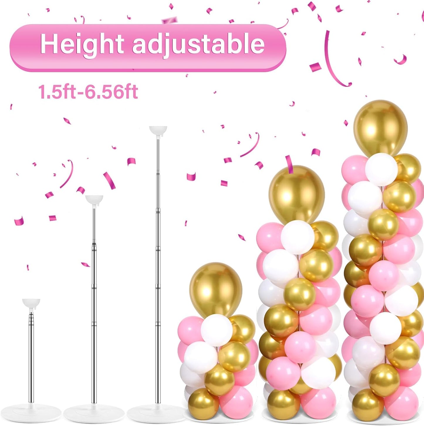 2 Set Black and Gold Balloons Column Stand Kit with 100 Balloons Adjustable Balloon Stand with Bases for Floor Black Gold Confetti Balloon Column Kit for Bridal Shower Valentine Birthday Party Decor