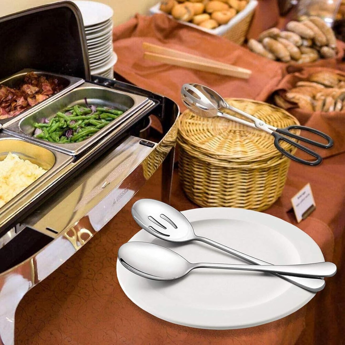 4 Pcs Large Serving Spoon Set, Silver Stainless Steel Kitchen Tongs Slotted Spoons Shovels for Buffet Parties Wedding Dinner