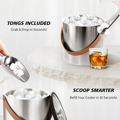 Bakpoco Double-Wall Vacuum Insulated Ice Bucket with Lid, Scoop, Ice Tong, Strainer & Leather Handle Keep Ice Frozen Longer Large Wine Ice Buckets for Cocktail Bar,Parties Chilling Beer Champagne 3L