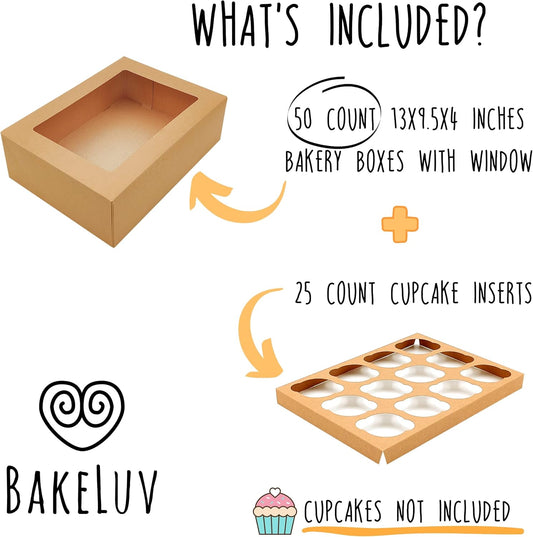 BAKELUV White 12 Cupcake Boxes, Cupcake Containers | 13x9.5x4, 50 Pack