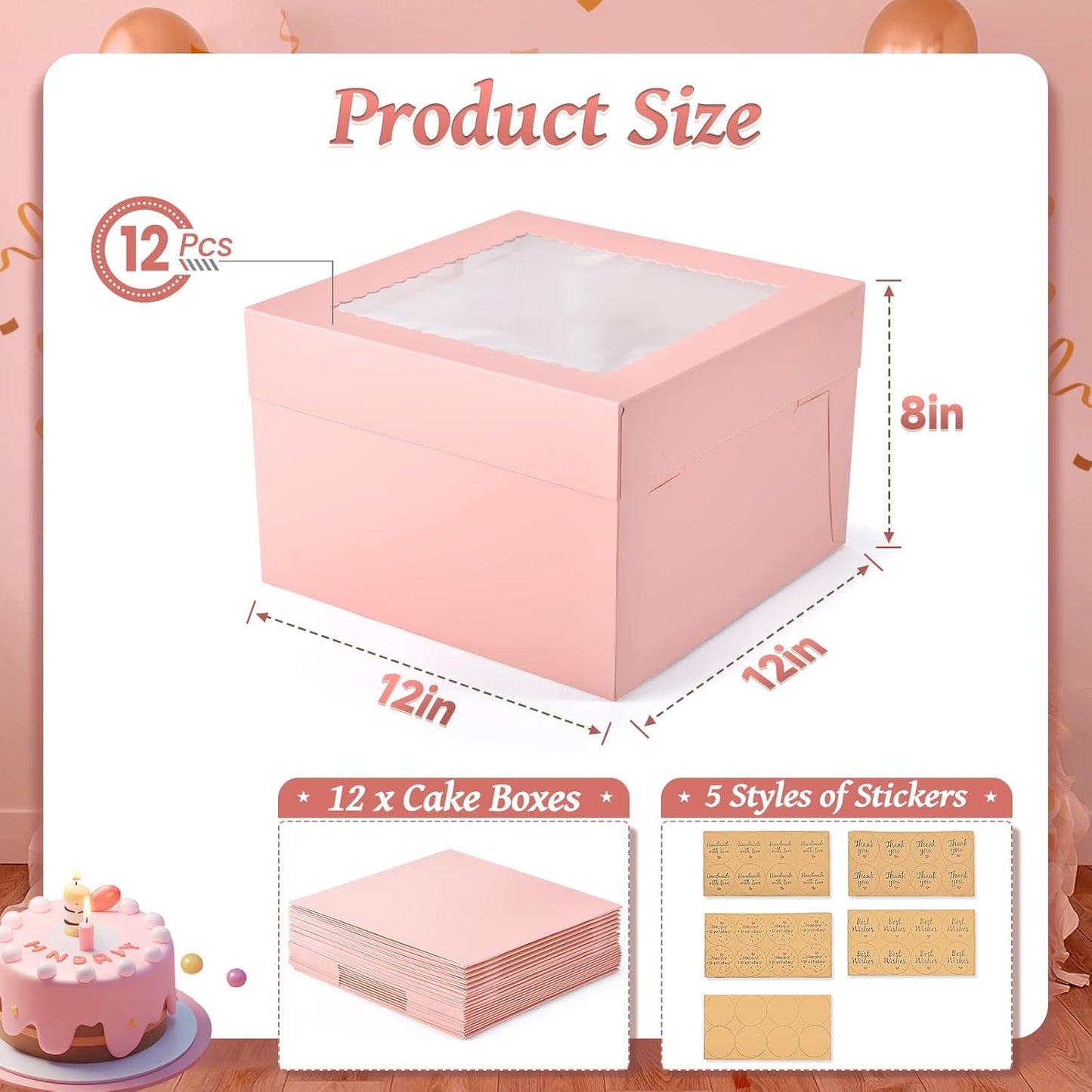 12Pcs 8x8x8 Inches Cake Boxes, Pink Square Bakery Boxes with Window, Disposable Cake Carrier Container for Pastries, Pie, Cookies, Chocolates, Cupcakes, Birthday Party, Wedding