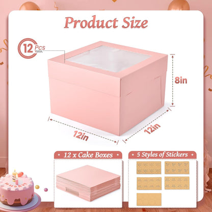 12Pcs 8x8x8 Inches Cake Boxes, Pink Square Bakery Boxes with Window, Disposable Cake Carrier Container for Pastries, Pie, Cookies, Chocolates, Cupcakes, Birthday Party, Wedding