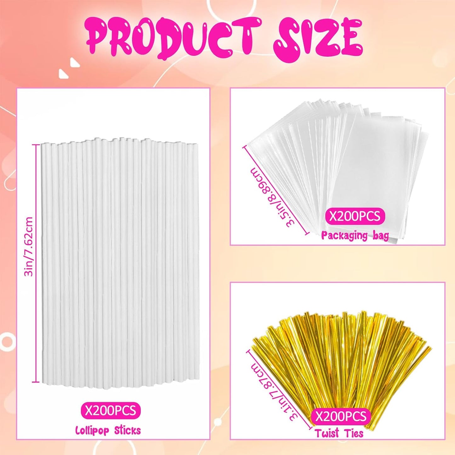 600Pcs Lollipop Stick - Cake Pop Sticks and Wrappers Kit Cake Pops Making Tools for Candy Chocolate Cookie Wrapping Include 200Pcs Cake Pop Sticks 200Pcs Cake Pop Bags and 200Pcs Twist Ties