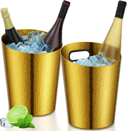 MorningRo 2 Pcs 5 Quart Black Champagne Ice Bucket 4.7 L Metal Doublewall Hammered Stainless Steel Wine Beer Chiller Home Bar Accessories for Football Sports Wedding Party Summer BBQ (Beveled Mouth)