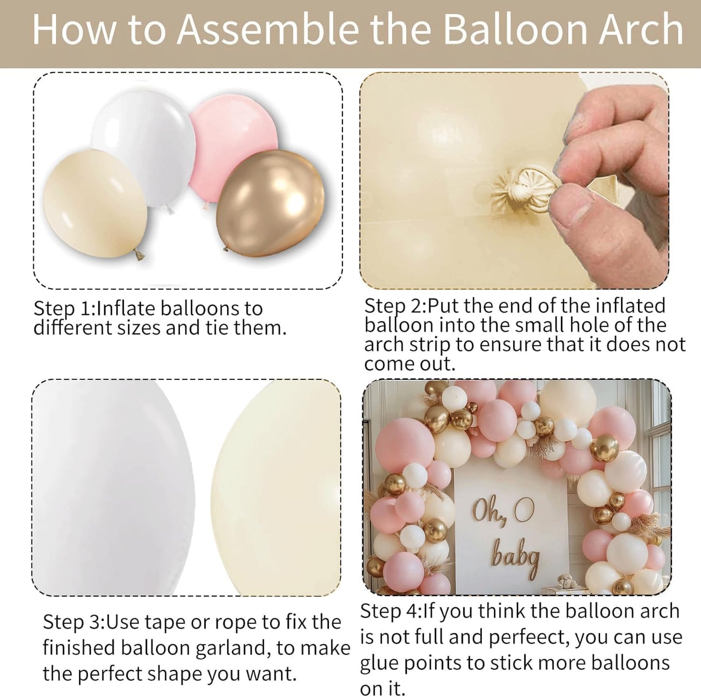 Pink Gold White Balloon Arch Kit - 144 PCs Pastel Light Pink and Beige Sand White Gold Chrome Balloons for Mothers Day Girls Women Birthday Bridal Shower Engagement Wedding Party Decorations