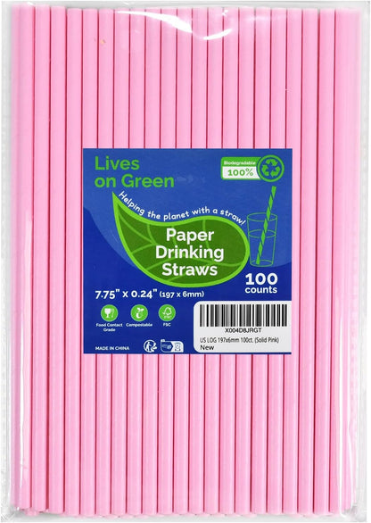 Disposable Paper Straws Solid Green - 7.75'' x 0.24'', 100 Counts - for Drinking, Beverage, Juice, Soda, Bar Supplies