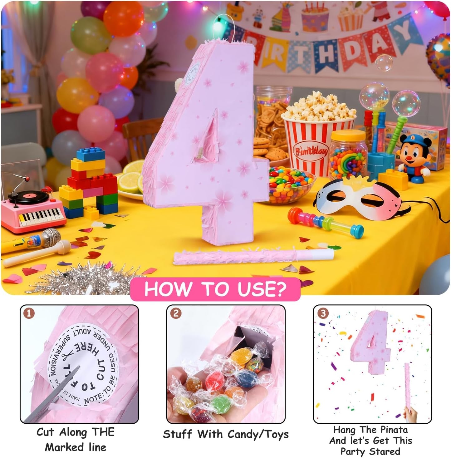 Pink Number 4 Piñata with Pinata Stick & Blindfold for Kids Girls Boys 4th Birthday Party Decorations Carnival Games with Hair Claw Clip Gift (Number 4)