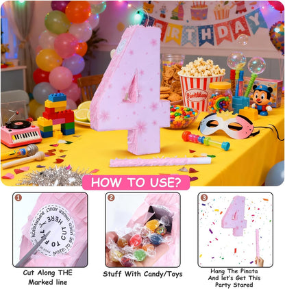 Pink Number 4 Piñata with Pinata Stick & Blindfold for Kids Girls Boys 4th Birthday Party Decorations Carnival Games with Hair Claw Clip Gift (Number 4)