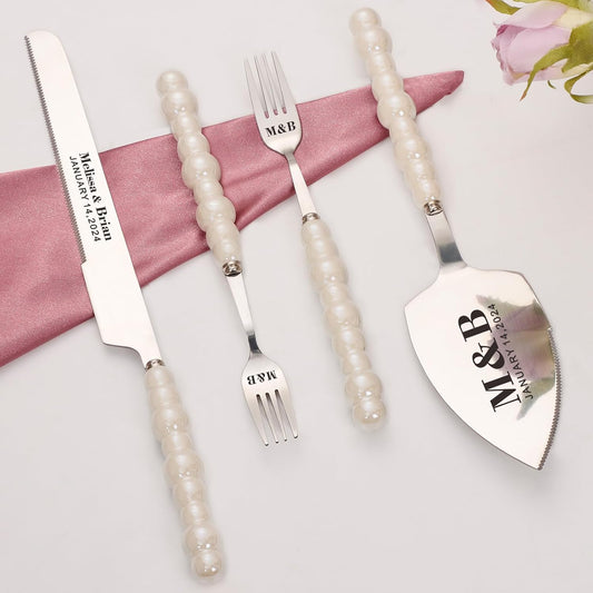 Pearl Wedding Cake Knife and Server Set with Forks, Cake Cutting Set with Stainless Steel Serrated Edges, Silver Pie Cutter Pizza Spatula, Gift for Bridal Couples Engagement (Mr & Mrs)
