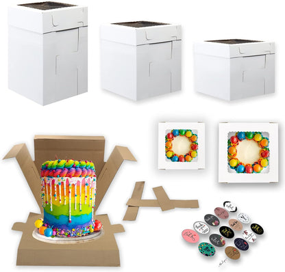 10 PK Adjustable Tall Cake Boxes in 2 Base Sizes 5-10"x10" & 5-12"x12" With 3 Adjustable Height Variations (8, 10 & 12 inch) + 15 Thank You Stickers. Tall Bakery Boxes for Tiered Cakes