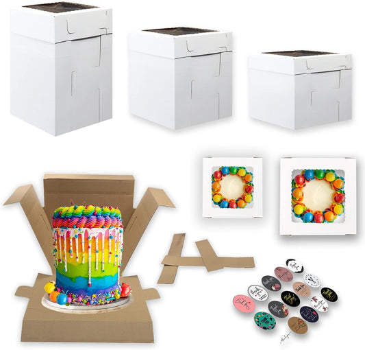 10 PK Adjustable Tall Cake Boxes in 2 Base Sizes 5-10"x10" & 5-12"x12" With 3 Adjustable Height Variations (8, 10 & 12 inch) + 15 Thank You Stickers. Tall Bakery Boxes for Tiered Cakes