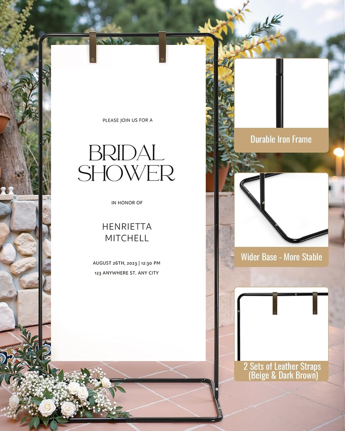 Wedding Welcome Sign Stand, Welcome to our Wedding Sign Holder, Black Easel Stand for Sign Poster With Design Bundle & Ground Stakes & Leather Sign Hanging Straps, Linen Sign Stand for Wedding Decor