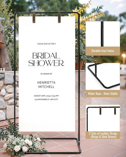 Wedding Welcome Sign Stand, Welcome to our Wedding Sign Holder, Black Easel Stand for Sign Poster With Design Bundle & Ground Stakes & Leather Sign Hanging Straps, Linen Sign Stand for Wedding Decor