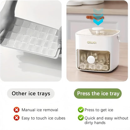 Compact Ice Cube Tray with Lid and Bin, Mini Press-Type Ice Cube Maker for Freezer, Space-Saving Small Ice Bucket with Tongs for RV, Office, Mini Ice Cube Trays & Water Bottles, BPA-Free (Green)