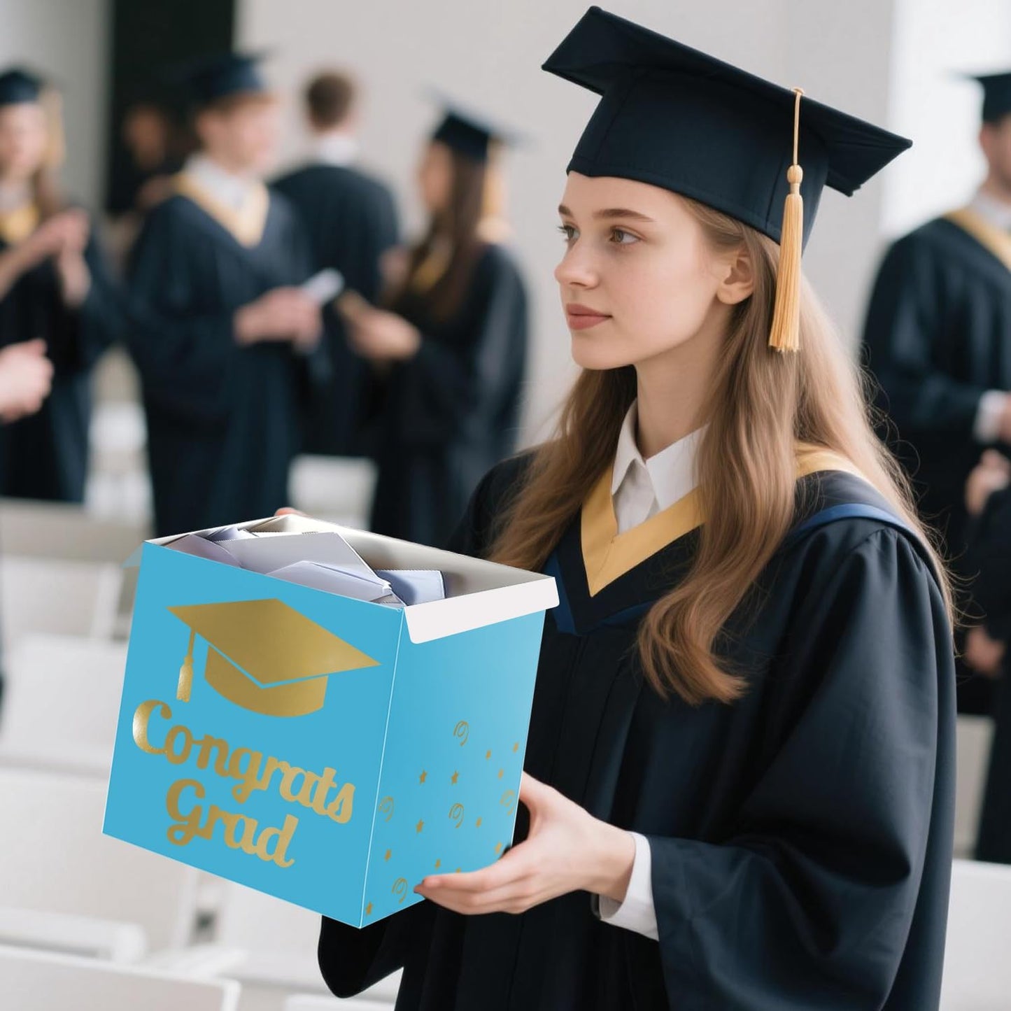 Graduation Card Box Holder, Congrats Grad Foldable Cardboard Decorations Box for Graduation Party Decoration and Grad Parties (Black)