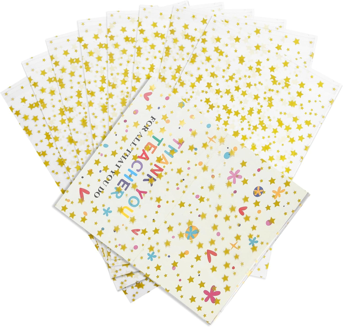 100 Pcs Star Printed 5"X 7" Gift Wrap Cello Cellophane Treat Bags Party Favor bags Clear Candy Cookie Bag Plastic Poly Goodie Storage Bag with Twist Ties for Bakery,Birthday, Wedding ,Party Decorations (Gold)