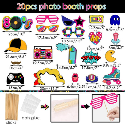 21Pcs Back to The 80s Inflatable Selfie Photo Frame & Props Set 1980s Retro Party Picture Frame I Love 80s Party Selfie Props for 1980s Throwback Birthday Back to 90S 80S Neon Party Supplies