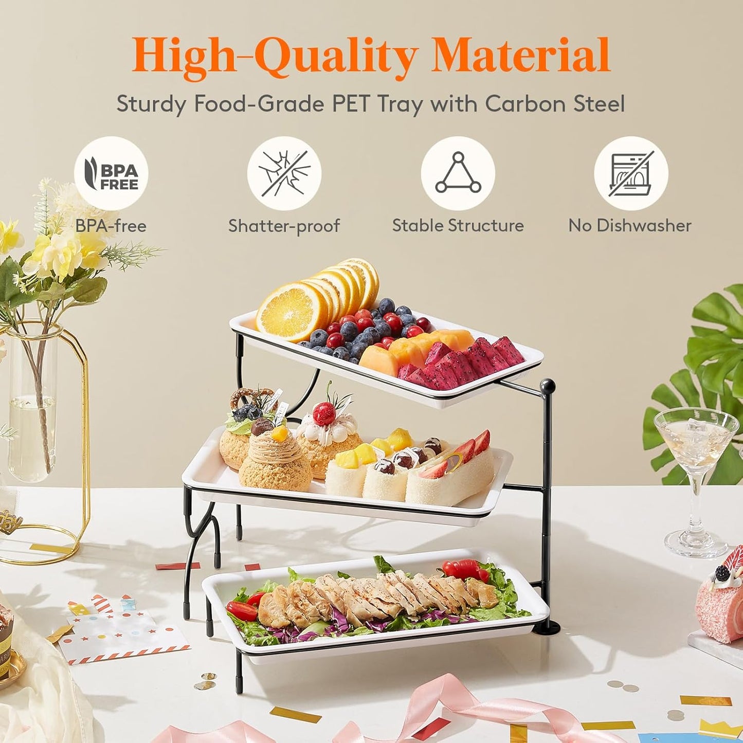 Lifewit 3 Tier Serving Tray, 30 x 17 cm/12 x 6.5" White Plastic Tiered Food Serving Platters, Tiered Tray Stand for Party with Black Collapsible Metal Stand, Dessert Display Stand for Cookies/Crackers