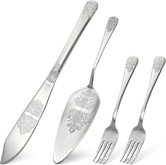 DEAYOU 4 PCS Wedding Cake Knife and Server Set, Stainless Steel Cake Cutting Set with Forks, Engraved Cake Cutter Pie Spatula for Engagement, Anniversary, Birthday, Bride and Groom Gift, Silver