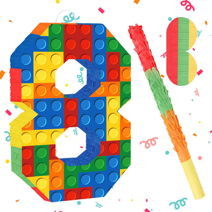 Number 7 Pinata Building Blocks with Pinata Stick Blindfold 7th Birthday Party Decorations Happy Birthday Building Block Theme Anniversary Party Supplies for Kids (Small, 16 x 10.6 x 3 in)