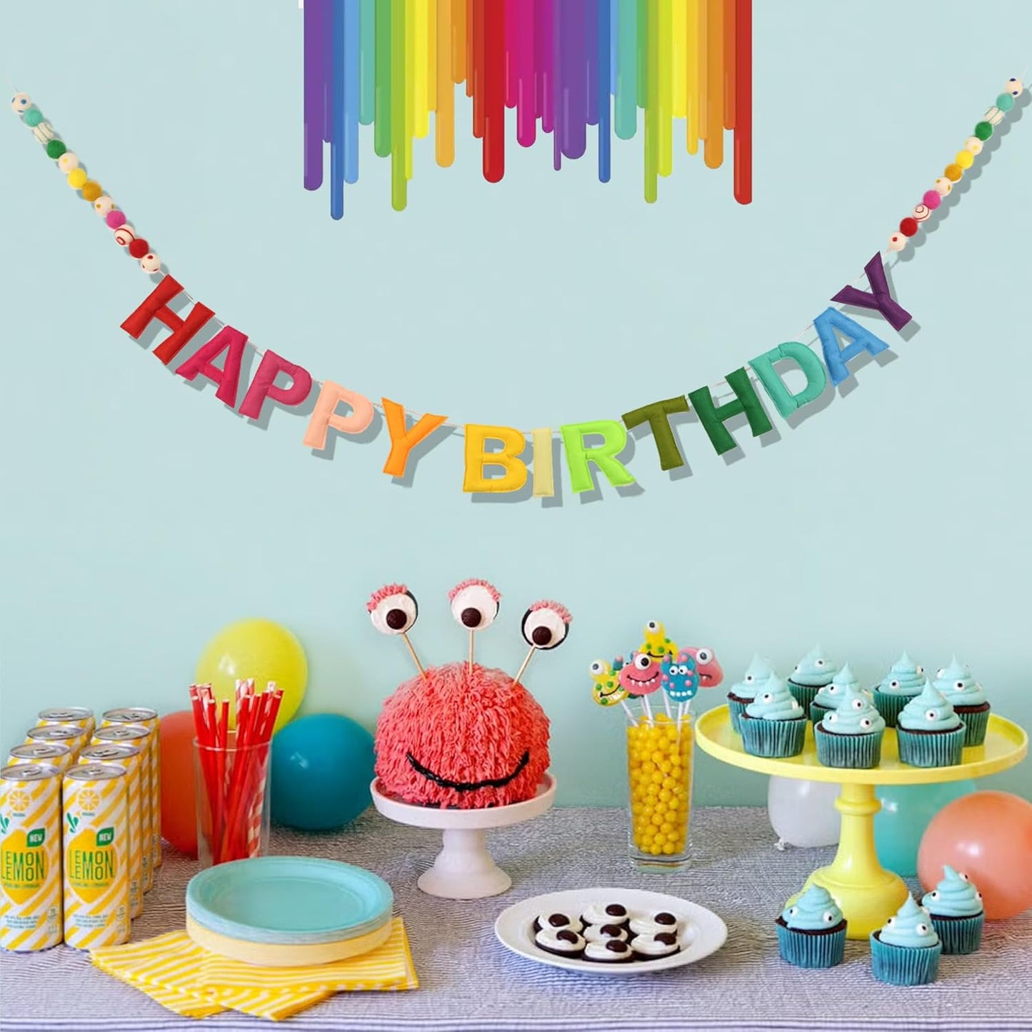 2 PCS Pre-Strung 3D Felt Happy Birthday Banner - Reusable Blue and Green Happy birthday Decorations Sign,Handmade Wool Felt Ball Garland, Pom Pom Garland, Party Decor, Photo Prop