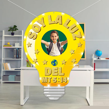 79×55inch VBS 2026 Christian Religious Party Decors Light Bulb Shaped Photo Prop Selfie Frame Large Bible Verse Background Backdrop Banner Lightbulb Photo Booth Props for Sunday School Church Supplies