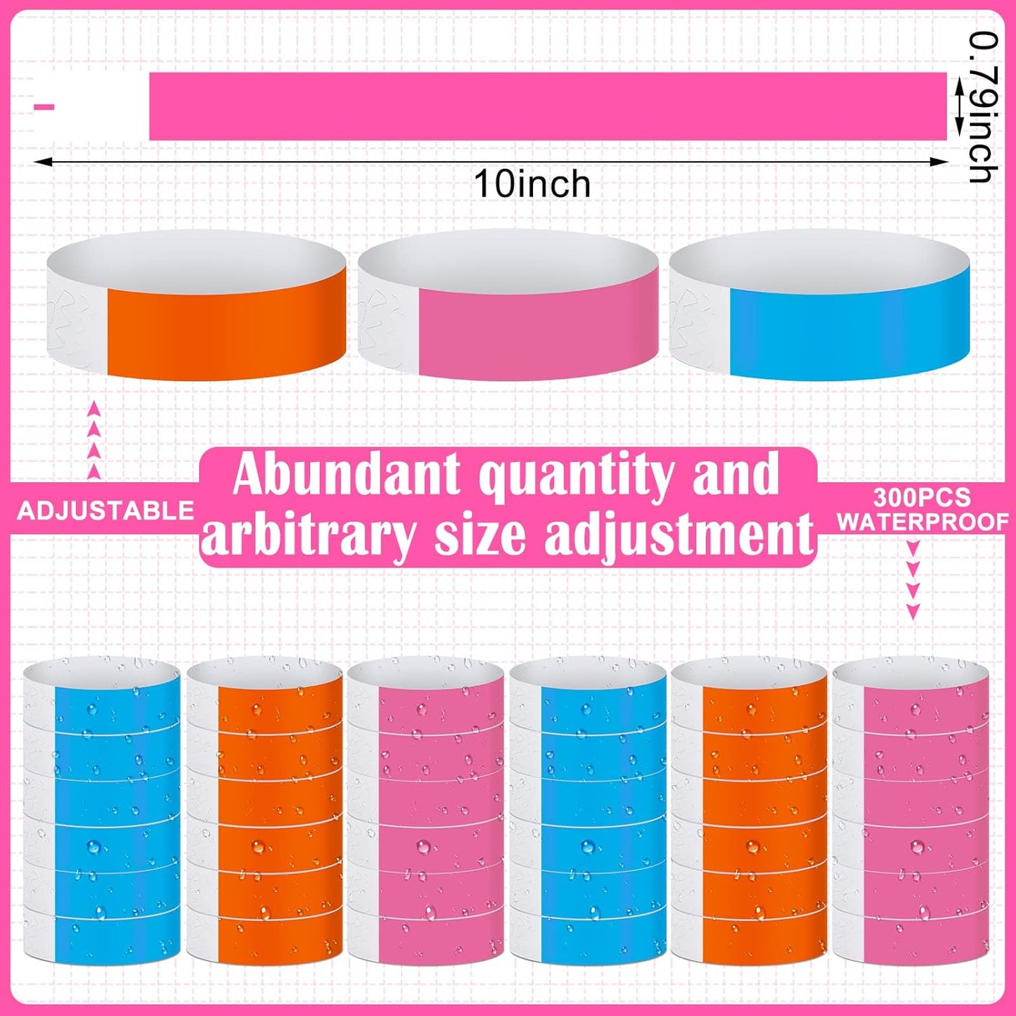 Tudomro 300 Pieces Paper Wristbands for Events Waterproof Neon Bracelets Concert Identification Wristbands Hand Bands Events Adhesive Bracelets for Party(Pink)