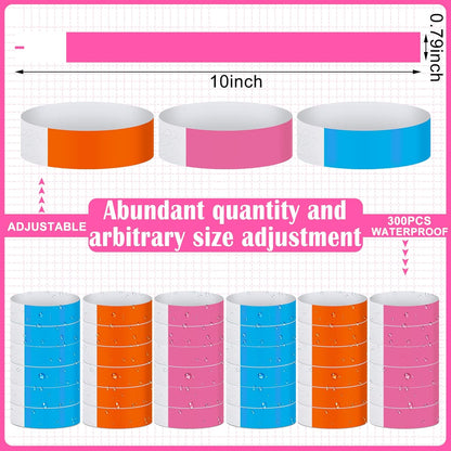Tudomro 300 Pieces Paper Wristbands for Events Waterproof Neon Bracelets Concert Identification Wristbands Hand Bands Events Adhesive Bracelets for Party(Pink)