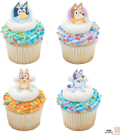 DecoPac Bluey So Much Fun Rings, 24 Cupcake Decorations Featuring Bluey, Bingo, Bandit, and Chilli, 3D Food Safe Cake Toppers – 24 Pack