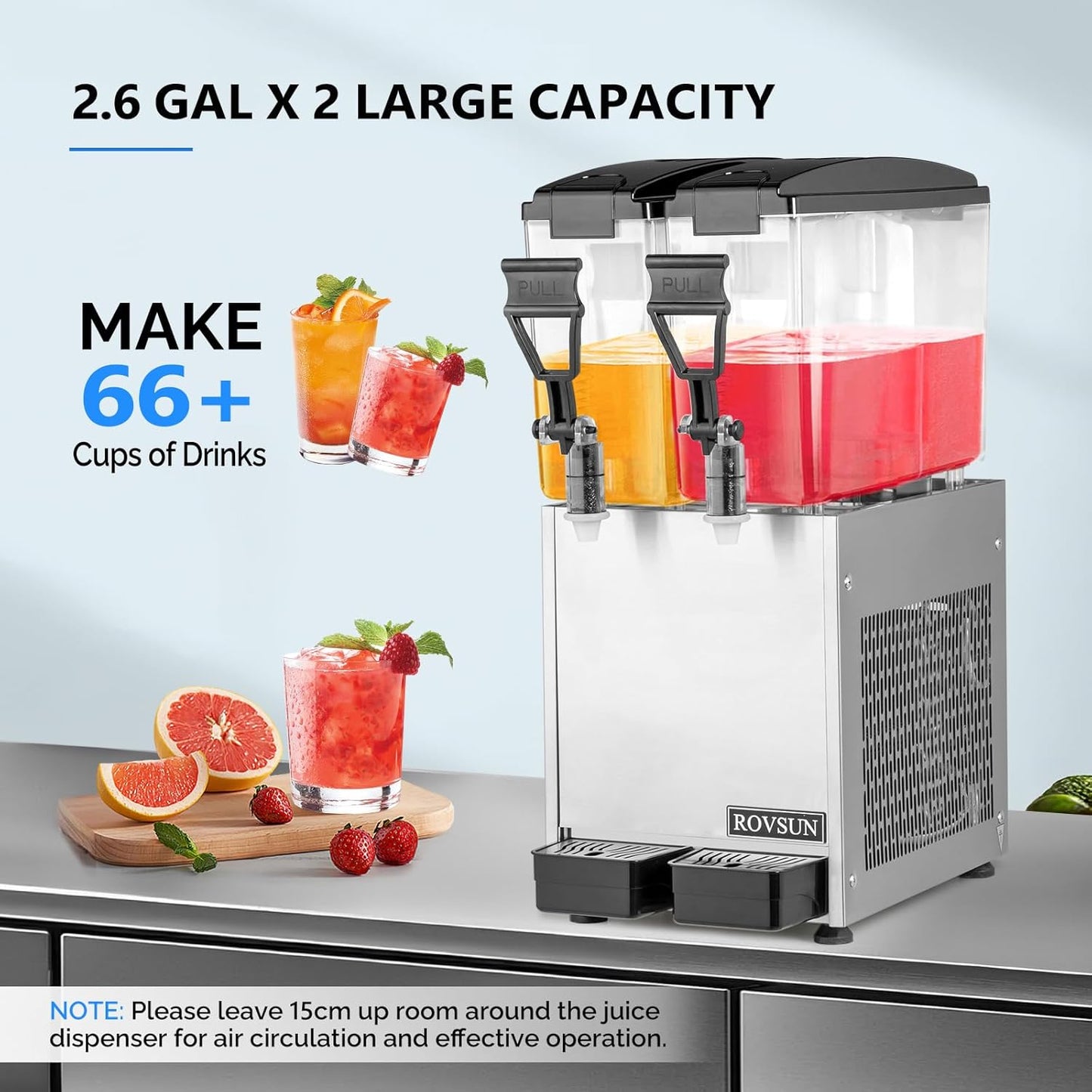 ROVSUN 9.6 Gallon/36L Commercial Beverage Dispenser Drink Dispenser, 18L X 2 Tanks Commercial Juice Dispenser Stainless Steel with Thermostat Controller for Home Restaurant Bar Party 110V/60HZ