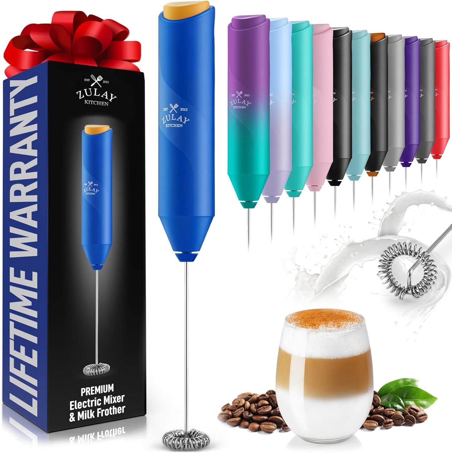 Zulay Kitchen Powerful Milk Frother AA Batteries Included – Ultra Fast Handheld Drink Mixer with Stainless Steel Whisk Stirrer for Coffee, Protein, Matcha & More, Frother Wand Electric Frothmate Black - Colors E