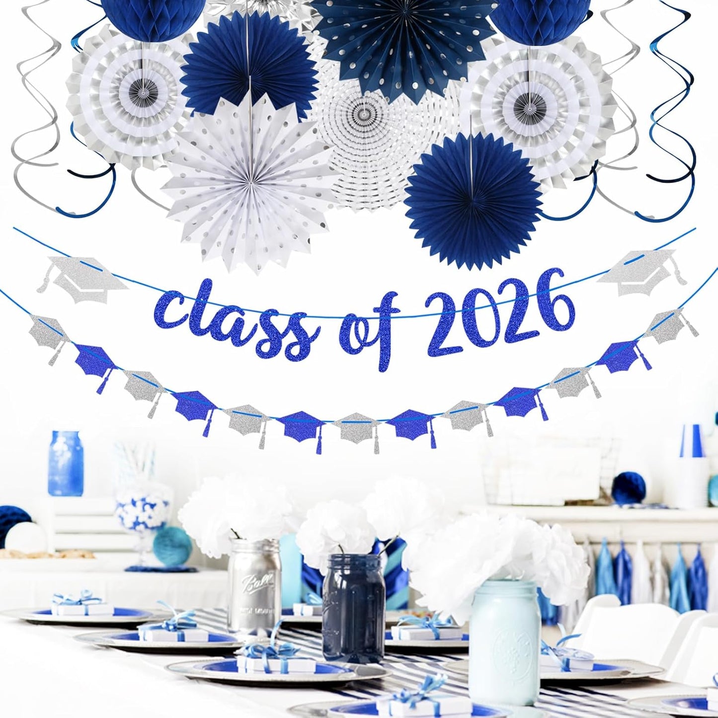 Navy-Blue White Silver Tissue Pom-Poms - 15pcs 5 Size Party Decorations Paper Flowers,Graduation Wedding Baby Bridal Shower Room Hanging Decorations Boy Birthday Party Backdrop Decor Panduola
