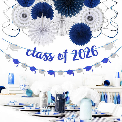Navy-Blue White Silver Tissue Pom-Poms - 15pcs 5 Size Party Decorations Paper Flowers,Graduation Wedding Baby Bridal Shower Room Hanging Decorations Boy Birthday Party Backdrop Decor Panduola