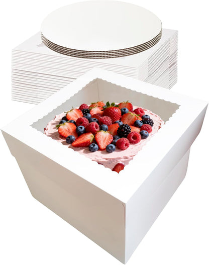 3 Pack Cake Boxes,10x10x8 Inch Tall Cake Box with Cake Boards 10",Disposable Cake Containers with Lids,White Bakery Boxes with Large Window,for Layer Cakes,Pies,Donuts,Cookies,Wedding,Birthday,Party