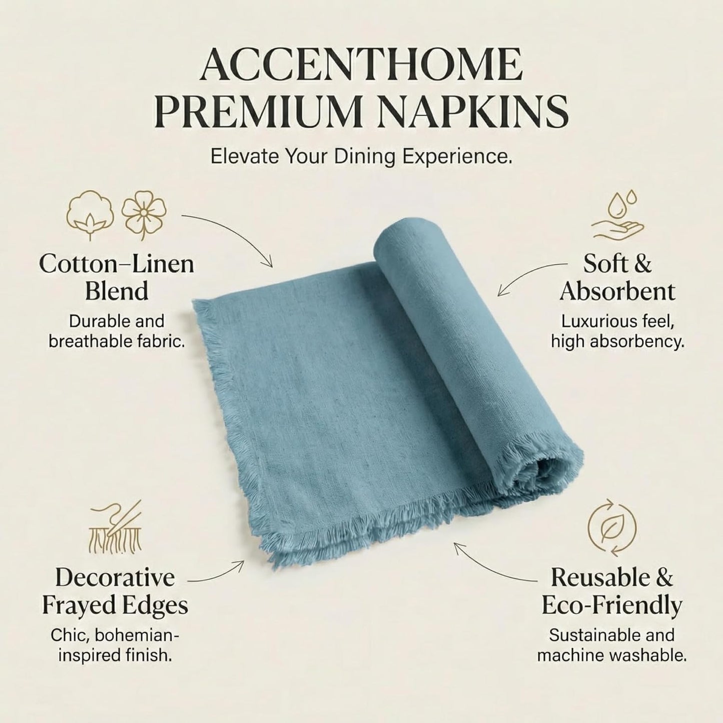 ACCENTHOME Natural Cotton Linen Napkin Set of 12 18x18 inch Dinner Napkins - Washable Soft Premium Hotel Quality Reusable Hemmed Edges Napkins Perfect Table Linens for Family Dinners, Weddings