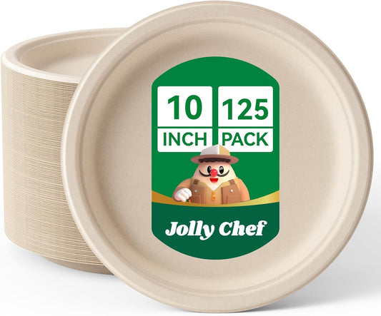 JOLLY CHEF Compostable Heavy Duty Plates 𝟭𝟬 𝗜𝗻𝗰𝗵 [𝟯𝟬𝟬 𝗣𝗮𝗰𝗸] Eco-Friendly Disposable Paper Plates Made of Bagasse Biodegradable Bulk for Party Dinner Sugarcane Thanksgiving Day (Natural)