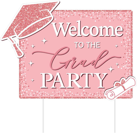 Leinuosen 1 Set Rose Gold Graduation Party Sign with Stakes 2026 Grad Party 17 x 23 inches Welcome Yard Sign Decorations for Outdoor Graduation Supply
