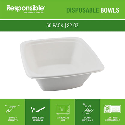Responsible Products 100% Compostable Square Serving Bowls, 48 oz Disposable Paper Bowls, Microwave Safe, Freezer Safe, Soup Safe, No Plastic, Eco-Friendly, Tree-Free, No PFAS. White (50 Count)