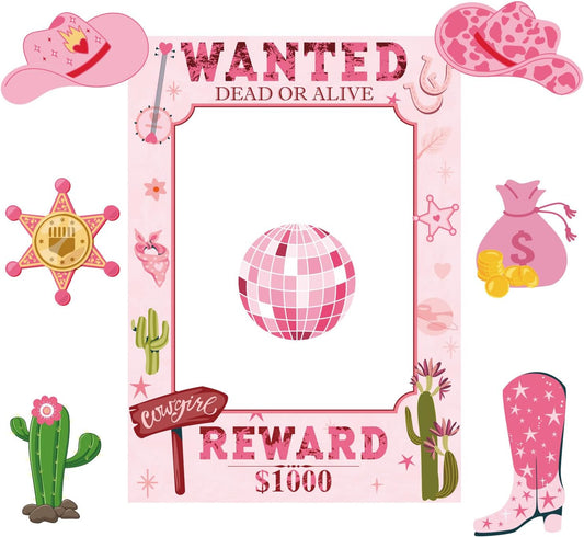 Wanted Poster Photo Prop Western Photo Booth Prop Selfie Frame Poster Banner Backdrop Wanted Sign for Cowgirl Last Disco Decoration Rustic Birthday Let's Go Girls Party Supplies