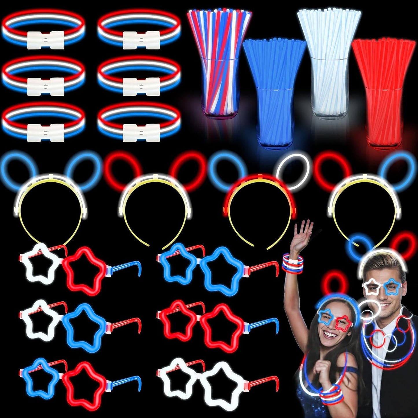 TURNMEON 248 Pcs 250th Anniversary 4th of July Light Up Party Favors, 24 Red White Blue Glasses 200 Patriotic Glow Sticks Bulk with Connectors Glow in the Dark Party Supplies Independence Day Decor