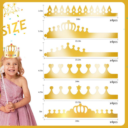 12 pcs Paper Crowns, Birthday Crowns Craft to Decorate with 8 Sheets Gem Jewels Number Letter Stickers, Gold Paper Prince Princess Hats for Party Favor Supplies