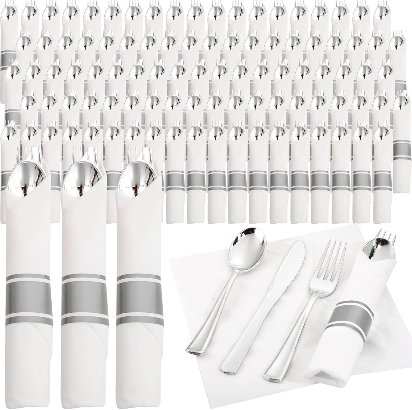 Supernal 240 Silver Plastic Silverware Set - 60 Sets Pre Rolled Napkins with Cutlery - Mirror Polished Real Look Disposable Silver Utensils- Elegant Heavy Duty Flatware for Weddings & Catering