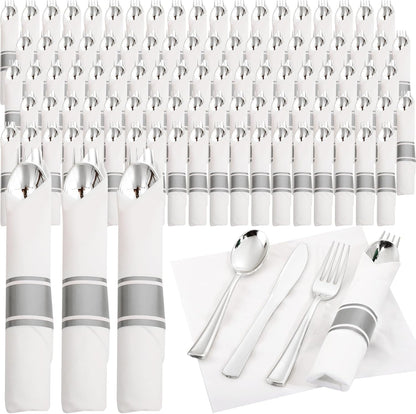 Supernal 240 Silver Plastic Silverware Set - 60 Sets Pre Rolled Napkins with Cutlery - Mirror Polished Real Look Disposable Silver Utensils- Elegant Heavy Duty Flatware for Weddings & Catering